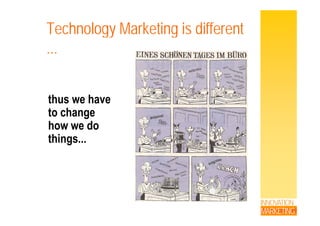 Technology Marketing is differentgy g
...
thus we have
to changeto change
how we do
thingsthings...
INNOVATION
MARKETING
 