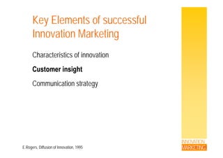 Key Elements of successfuly
Innovation Marketing
Characteristics of innovation
CustomerCustomer insightinsight
Communication strategy
INNOVATION
MARKETINGE.Rogers, Diffusion of Innovation, 1995
 