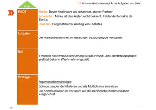 7.2 Kommunikationskonzept Ärzte: Aufgaben und Ziele
             Ärzte
      SWOT           Stärke: Bayer Healthcare als bekannter starker Partner
                                                  bekannter,
1
                     Schwäche: Marke ist den Ärzten nicht bekannt. Fehlende Kontakte da
                     Startup
                     Chancen: Prognostizierter Anstieg von Diabetes


      Aufgabe
                     Die Markenbekanntheit i
                     Di M k b k       h i innerhalb d B
                                               h lb der Bezugsgruppe h
                                                                     herstellen.
                                                                           ll



      Ziel
                     6 Monate nach Produkteinführung ist das Produkt 30% der Bezugsgruppe
                     g
                     gestützt bekannt (
                                      (Wahrnehmungsziel)
                                                  g      )




      Strategie
                     Argumentationsstrategie:
                     Opinion Leader identifizieren und als M lti lik t einsetzen
                     O i i L d id tifi i             d l Multiplikator i    t
                     Die Kommunikation ist vor allem auf die persönliche Kommunikation
                     ausgerichtet



124
 