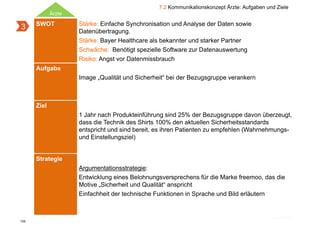 7.2 Kommunikationskonzept Ärzte: Aufgaben und Ziele
             Ärzte
      SWOT           Stärke: Einfache Synchronisation und Analyse der Daten sowie
3                    Datenübertragung.
                     Stärke: Bayer Healthcare als bekannter und starker Partner
                     Schwäche: Benötigt spezielle Software zur Datenauswertung
                     Risiko: Angst vor Datenmissbrauch
      Aufgabe
                     Image „Qualität und Si h h i “ b i d B
                     I      Q li ä     d Sicherheit“ bei der Bezugsgruppe verankern
                                                                               k



      Ziel
                     1 Jahr nach Produkteinführung sind 25% der Bezugsgruppe davon überzeugt,
                     dass die Technik des Shirts 100% den aktuellen Sicherheitsstandards
                     entspricht und sind bereit, es ihren Patienten zu empfehlen (Wahrnehmungs-
                     und Einstellungsziel)


      Strategie
                     Argumentationsstrategie:
                     Entwicklung eines B l h
                     E t i kl      i    Belohnungsversprechens fü di M k f
                                                             h   für die Marke freemoo, d di
                                                                                         das die
                     Motive „Sicherheit und Qualität“ anspricht
                     Einfachheit der technische Funktionen in Sprache und Bild erläutern



126
 