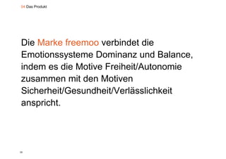 04 Das Produkt




Die Marke freemoo verbindet die
Emotionssysteme Dominanz und Balance
                                 Balance,
indem es die Motive Freiheit/Autonomie
zusammen mit den Motiven
Sicherheit/Gesundheit/Verlässlichkeit
Si h h it/G     dh it/V lä li hk it
   p
anspricht.




28
 