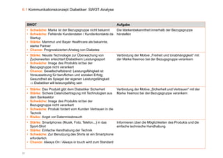 6.1 Kommunikationskonzept Diabetiker: SWOT-Analyse



     SWOT                                                      Aufgabe
     • Schwäche: Marke ist der Bezugsgruppe nicht bekannt      Die Markenbekanntheit innerhalb der Bezugsgruppe
     • Schwäche: Fehlende Kundendaten / Kundenkontakte da      herstellen
       Startup
     • Stärke: Mammut und Bayer Healthcare als bekannte,
       starke Partner
     • Chance: Prognostizierten Anstieg von Diabetes
     • Stärke: Neuste Technologie zur Überwachung von          Verbindung der Motive „Freiheit und Unabhängigkeit“ mit
       Zuckerwerten erleichtert Diabetikern Leistungssport     der Marke freemoo bei der Bezugsgruppe verankern
     • Schwäche: Image des Produkts ist bei der
       Bezugsgruppe nicht verankert
     • Ch
       Chance: GGesellschaftstrend: Leistungsfähigkeit i t
                     ll h ft t d L i t        fähi k it ist
       Voraussetzung für beruflichen und sozialen Erfolg;
       Gesundheit als Spiegel der eigenen Leistungsfähigkeit
        Diabetiker will leistungsfähig sein
     • Stärke: Das Produkt gibt dem Diabetiker Sicherheit      Verbindung der Motive „Sicherheit und Vertrauen“ mit der
     • Stärke: Sichere Datenübertragung mit Technologien aus   Marke freemoo bei der Bezugsgruppe verankern
       dem Banksektor
     • Schwäche: Image des Produkts ist bei der
       Bezugsgruppe nicht verankert
     • Schwäche: Produkt fordert vom Kunden Vertrauen in die
       Technik
     • Risiko: Angst vor Datenmissbrauch
     • Stärke: Smartphones (Musik Foto, Telefon...) in das
                           (Musik, Foto Telefon )            Informieren über die Möglichkeiten des Produkts und die
       Sport-Shirt                                           einfache technische Handhabung
     • Stärke: Einfache Handhabung der Technik
     • Schwäche: Zur Benutzung des Shirts ist ein Smartphone
       erforderlich
     • Chance: Always On / Always in touch wird zum Standard


77
 