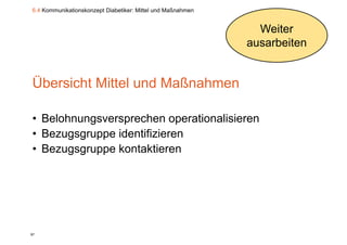 6.4 Kommunikationskonzept Diabetiker: Mittel und Maßnahmen


                                                               Weiter
                                                             ausarbeiten


Übersicht Mittel und Maßnahmen

• Belohnungsversprechen operationalisieren
• Bezugsgruppe identifizieren
• Bezugsgruppe kontaktieren




97
 