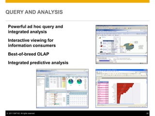 QUERY AND ANALYSIS

 Powerful ad hoc query and
 integrated analysis
 Interactive viewing for
 information consumers

 Best-of-breed OLAP
 Integrated predictive analysis




© 2011 SAP AG. All rights reserved.   26
 