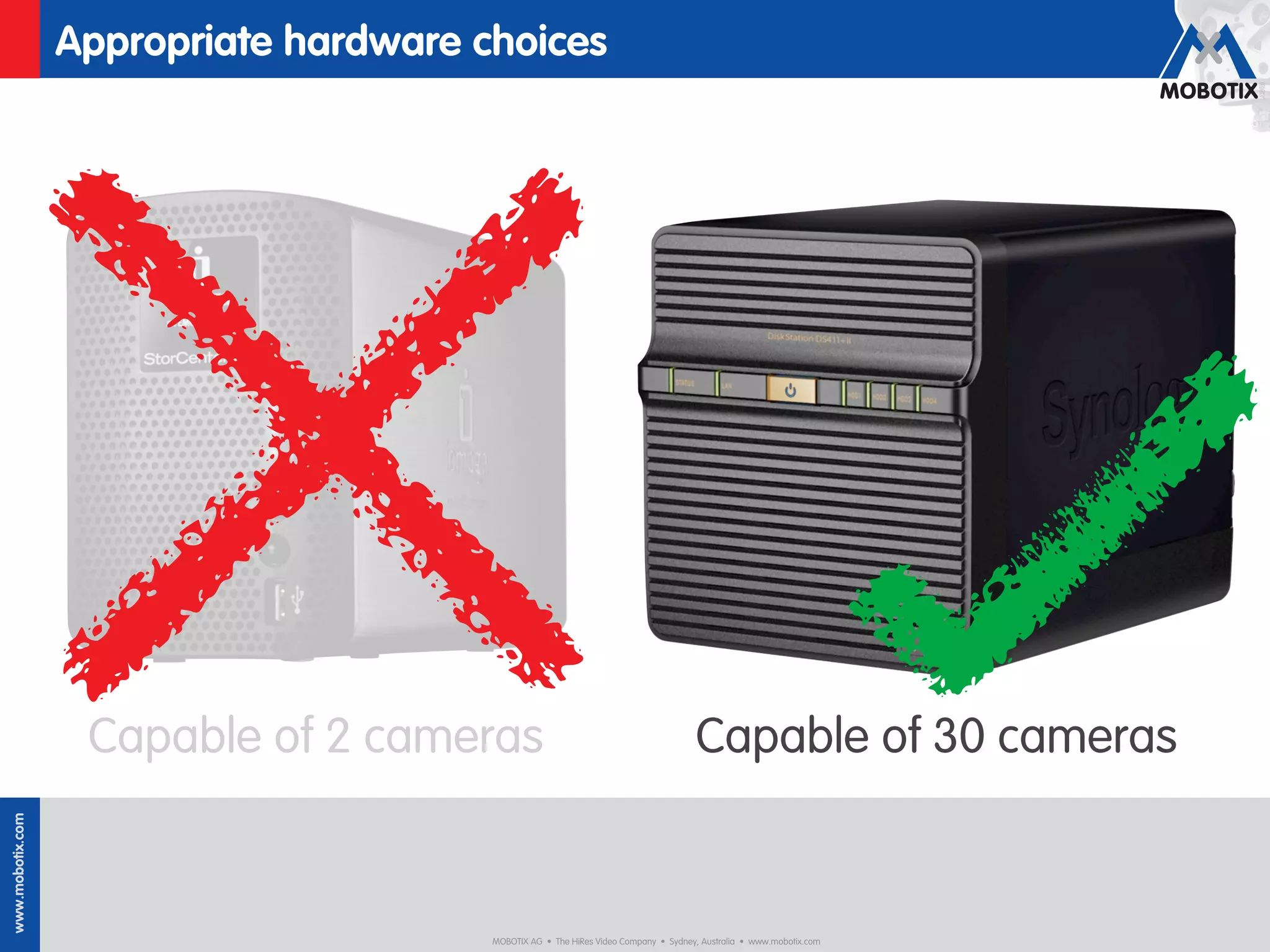 Appropriate hardware choices




                   Capable of 2 cameras                                              Capable of 30 cameras
www.mobotix.com




                                        MOBOTIX AG • The HiRes Video Company • Sydney, Australia • www.mobotix.com
 
