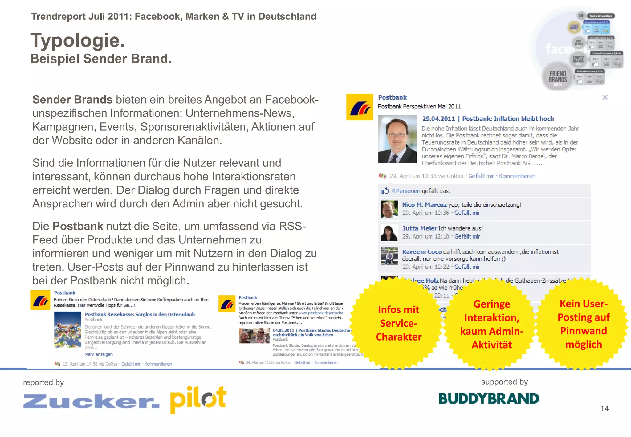 Trendreport Juli 2011: Facebook, Marken & TV in Deutschland

 Typologie.
 Beispiel Sender Brand.


  Sender Brands bieten ein breites Angebot an Facebook-
  unspezifischen Informationen: Unternehmens-News,
  Kampagnen, Events, Sponsorenaktivitäten, Aktionen auf
  der Website oder in anderen Kanälen.
  Sind die Informationen für die Nutzer relevant und
  interessant, können durchaus hohe Interaktionsraten
  erreicht werden. Der Dialog durch Fragen und direkte
  Ansprachen wird durch den Admin aber nicht gesucht.
  Die Postbank nutzt die Seite, um umfassend via RSS-
  Feed über Produkte und das Unternehmen zu
  informieren und weniger um mit Nutzern in den Dialog zu
  treten. User-Posts auf der Pinnwand zu hinterlassen ist
  bei der Postbank nicht möglich.

                                                                               Geringe         Kein User-
                                                                Infos mit
                                                                             Interaktion,      Posting auf
                                                                 Service-
                                                                            kaum Admin-        Pinnwand
                                                                Charakter
                                                                               Aktivität        möglich


reported by                                                                     supported by


                                                                                                       14
 