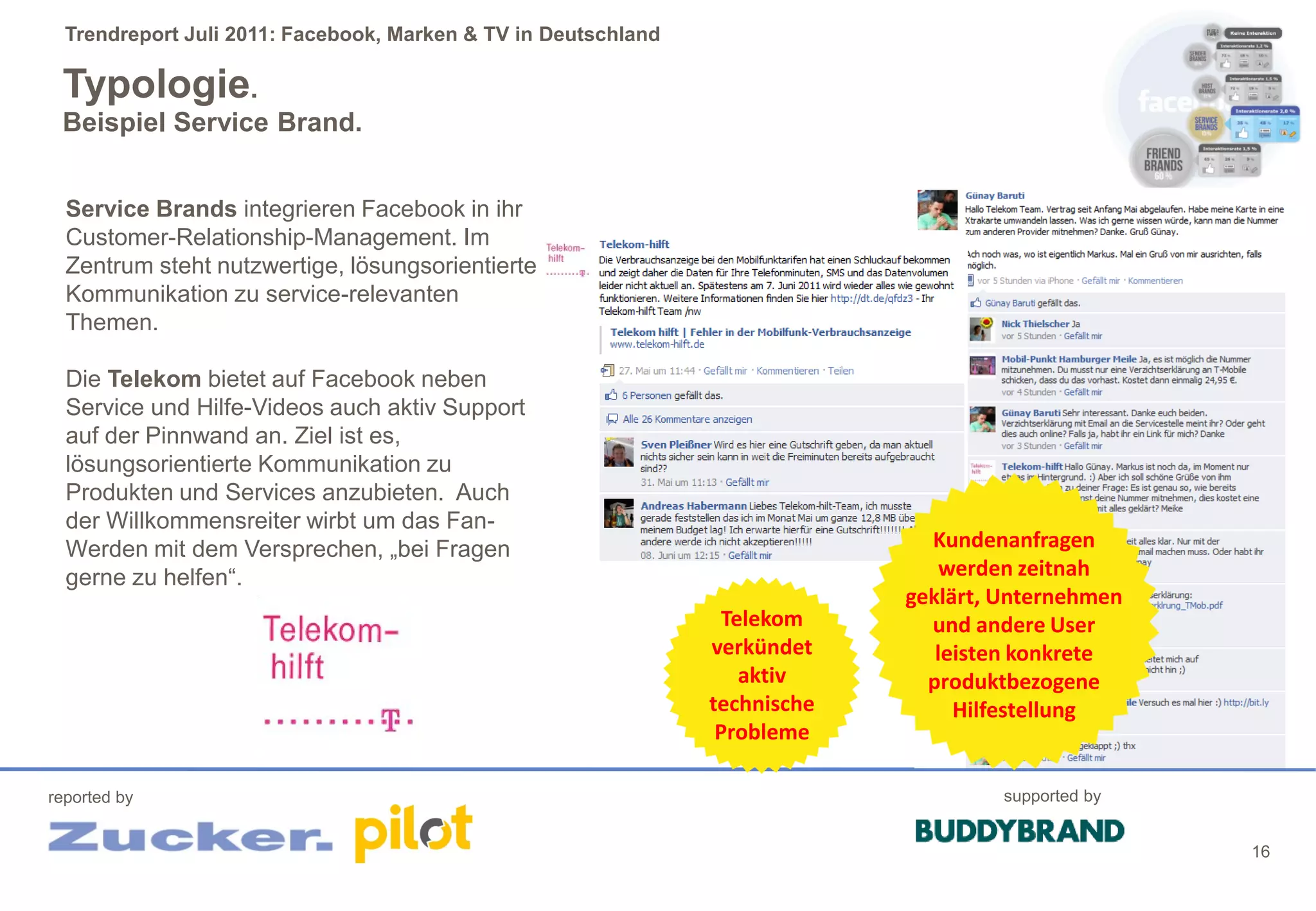 Trendreport Juli 2011: Facebook, Marken & TV in Deutschland

 Typologie.
 Beispiel Service Brand.


  Service Brands integrieren Facebook in ihr
  Customer-Relationship-Management. Im
  Zentrum steht nutzwertige, lösungsorientierte
  Kommunikation zu service-relevanten
  Themen.

  Die Telekom bietet auf Facebook neben
  Service und Hilfe-Videos auch aktiv Support
  auf der Pinnwand an. Ziel ist es,
  lösungsorientierte Kommunikation zu
  Produkten und Services anzubieten. Auch
  der Willkommensreiter wirbt um das Fan-
  Werden mit dem Versprechen, „bei Fragen                                      Kundenanfragen
  gerne zu helfen“.                                                              werden zeitnah
                                                                             geklärt, Unternehmen
                                                                  Telekom      und andere User
                                                                verkündet       leisten konkrete
                                                                    aktiv      produktbezogene
                                                                technische        Hilfestellung
                                                                 Probleme

reported by                                                                           supported by


                                                                                                     16
 