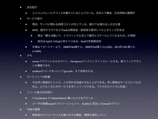 •
    •
•
    •
    •   AWS                           IaaS

        •
        •          IaaS        PaaS                  PaaS

    •                                 2008 464             2009 563    (+22%)   2013 1501
        (+166%)
•
    •   twitter                              Wordpress



    •   sandbox                       git push

•
    •

•
    •   Y Combinator      HackerNews

    •                  tweet                             ﬂuxﬂex       tweet

•
    •
 