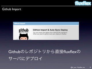 Github Import




    Github      ﬂuxﬂex


                   @d_sea / ﬂuxﬂex, inc.   8
 