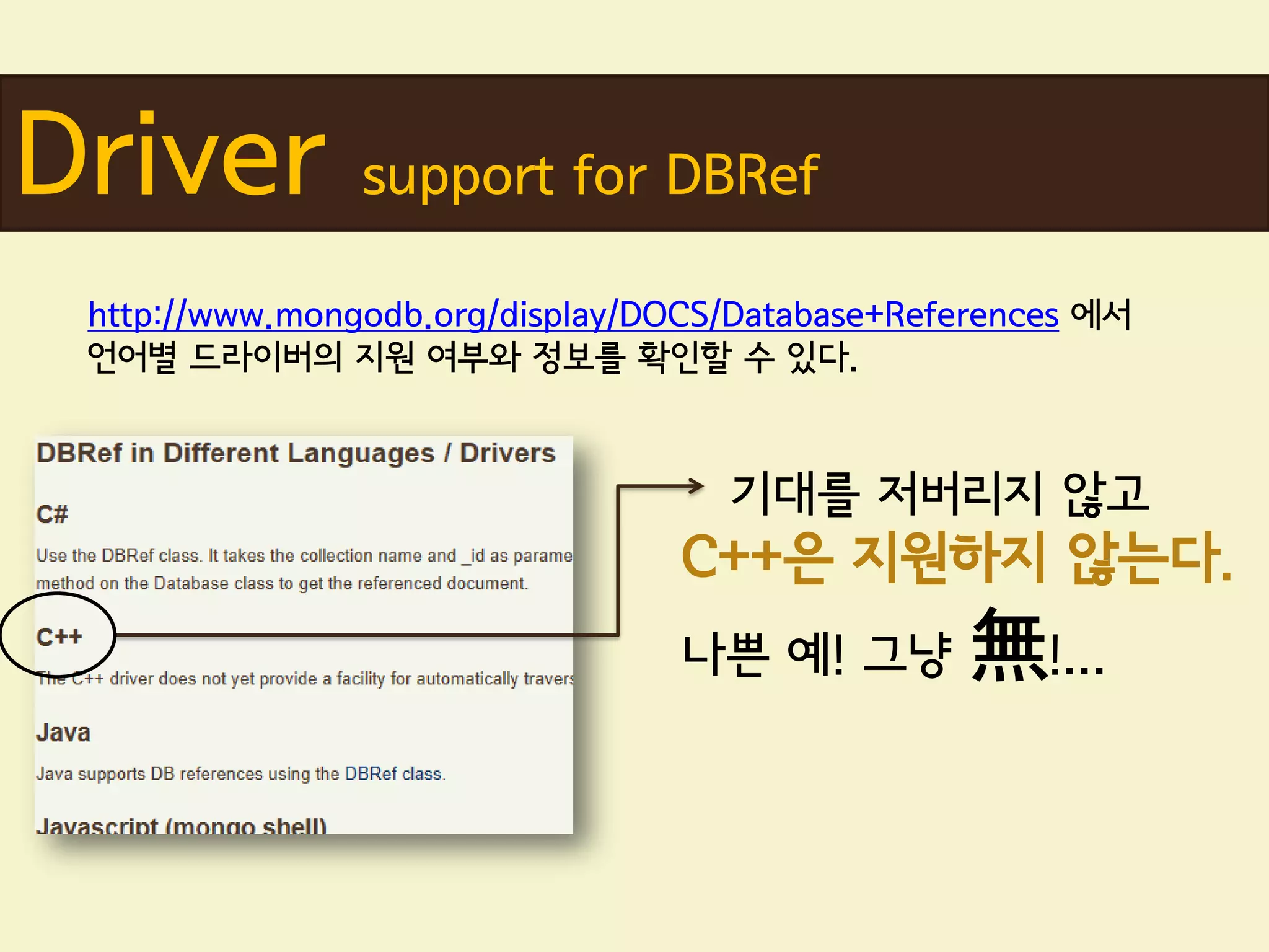 Driver          support for DBRef

 http://www.mongodb.org/display/DOCS/Database+References 에서
 언어별 드라이버의 지원 여부와 정보를 확인할 수 있다.


                                    기대를 저버리지 않고
                                 C++은 지원하지 않는다.
                                 나쁜 예! 그냥        無!...
 