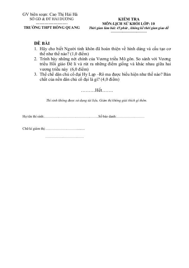 GV biên soạn: Cao Thị Hải Hà
SỞ GD & ĐT HẢI DƯƠNG
-------------------------
TRƯỜNG THPT HỒNG QUANG
KIỂM TRA
MÔN:LỊCH SỬ KH...