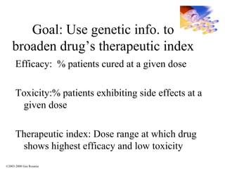 Goal: Use genetic info. to broaden drug’s therapeutic index Efficacy:  % patients cured at a given dose   Toxicity:% patients exhibiting side effects at a given dose Therapeutic index: Dose range at which drug shows highest efficacy and low toxicity ©2003-2008 Gus Rosania 