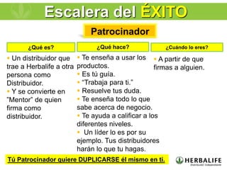 Patrocinador
¿Qué hace? ¿Cuándo lo eres?
¿Qué es?
 Te enseña a usar los
productos.
 Es tú guía.
 “Trabaja para ti.”
 Resuelve tus duda.
 Te enseña todo lo que
sabe acerca de negocio.
 Te ayuda a calificar a los
diferentes niveles.
 Un líder lo es por su
ejemplo. Tus distribuidores
harán lo que tu hagas.
 Un distribuidor que
trae a Herbalife a otra
persona como
Distribuidor.
 Y se convierte en
”Mentor” de quien
firma como
distribuidor.
 A partir de que
firmas a alguien.
Tú Patrocinador quiere DUPLICARSE él mismo en ti.
Escalera del ÉXITO
 