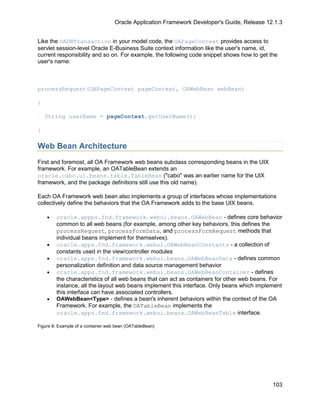 Oracle Application Framework Developer's Guide, Release 12.1.3


Like the OADBTransaction in your model code, the OAPageContext provides access to
servlet session-level Oracle E-Business Suite context information like the user's name, id,
current responsibility and so on. For example, the following code snippet shows how to get the
user's name:



processRequest(OAPageContext pageContext, OAWebBean webBean)

{

    String userName = pageContext.getUserName();

}

Web Bean Architecture
First and foremost, all OA Framework web beans subclass corresponding beans in the UIX
framework. For example, an OATableBean extends an
oracle.cabo.ui.beans.table.TableBean ("cabo" was an earlier name for the UIX
framework, and the package definitions still use this old name).

Each OA Framework web bean also implements a group of interfaces whose implementations
collectively define the behaviors that the OA Framework adds to the base UIX beans.

    •   oracle.appps.fnd.framework.webui.beans.OAWebBean - defines core behavior
        common to all web beans (for example, among other key behaviors, this defines the
        processRequest, processFormData, and processFormRequest methods that
        individual beans implement for themselves).
    •   oracle.apps.fnd.framework.webui.OAWebBeanConstants - a collection of
        constants used in the view/controller modules
    •   oracle.apps.fnd.framework.webui.beans.OAWebBeanData - defines common
        personalization definition and data source management behavior
    •   oracle.apps.fnd.framework.webui.beans.OAWebBeanContainer - defines
        the characteristics of all web beans that can act as containers for other web beans. For
        instance, all the layout web beans implement this interface. Only beans which implement
        this interface can have associated controllers.
    •   OAWebBean<Type> - defines a bean's inherent behaviors within the context of the OA
        Framework. For example, the OATableBean implements the
        oracle.apps.fnd.framework.webui.beans.OAWebBeanTable interface.

Figure 8: Example of a container web bean (OATableBean)




                                                                                              103
 