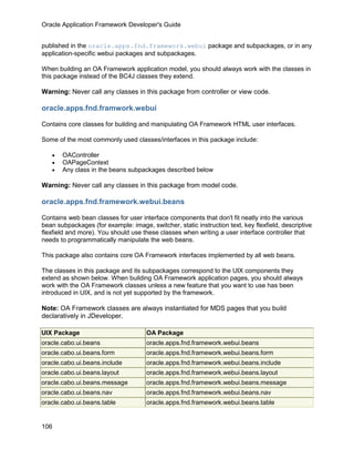 Oracle Application Framework Developer's Guide


published in the oracle.apps.fnd.framework.webui package and subpackages, or in any
application-specific webui packages and subpackages.

When building an OA Framework application model, you should always work with the classes in
this package instead of the BC4J classes they extend.

Warning: Never call any classes in this package from controller or view code.

oracle.apps.fnd.framwork.webui

Contains core classes for building and manipulating OA Framework HTML user interfaces.

Some of the most commonly used classes/interfaces in this package include:

   •   OAController
   •   OAPageContext
   •   Any class in the beans subpackages described below

Warning: Never call any classes in this package from model code.

oracle.apps.fnd.framework.webui.beans

Contains web bean classes for user interface components that don't fit neatly into the various
bean subpackages (for example: image, switcher, static instruction text, key flexfield, descriptive
flexfield and more). You should use these classes when writing a user interface controller that
needs to programmatically manipulate the web beans.

This package also contains core OA Framework interfaces implemented by all web beans.

The classes in this package and its subpackages correspond to the UIX components they
extend as shown below. When building OA Framework application pages, you should always
work with the OA Framework classes unless a new feature that you want to use has been
introduced in UIX, and is not yet supported by the framework.

Note: OA Framework classes are always instantiated for MDS pages that you build
declaratively in JDeveloper.

UIX Package                           OA Package
oracle.cabo.ui.beans                  oracle.apps.fnd.framework.webui.beans
oracle.cabo.ui.beans.form             oracle.apps.fnd.framework.webui.beans.form
oracle.cabo.ui.beans.include          oracle.apps.fnd.framework.webui.beans.include
oracle.cabo.ui.beans.layout           oracle.apps.fnd.framework.webui.beans.layout
oracle.cabo.ui.beans.message          oracle.apps.fnd.framework.webui.beans.message
oracle.cabo.ui.beans.nav              oracle.apps.fnd.framework.webui.beans.nav
oracle.cabo.ui.beans.table            oracle.apps.fnd.framework.webui.beans.table


106
 
