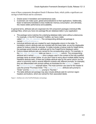 Oracle Application Framework Developer's Guide, Release 12.1.3


reuse of these components throughout Oracle E-Business Suite, which yields a significant cost
savings to both Oracle and its customers:

    •    Oracle saves in translation and maintenance costs.
    •    Customers can make quick, global personalizations to their applications. Additionally,
         fewer UI elements translates to less middle-tier memory consumption, and ultimately,
         this means better performance and scalability.

In general terms, attribute sets are organized into OA component packages (individual XML
package files), where you have one package file per database table in your application:

    •    The package name matches the underlying database table name without underscores.
         For example, in the OA Framework ToolBox, we have a table
         called FWK_TBX_PO_HEADERS. The corresponding attribute set package is
         named FwkTbxPoHeaders.
    •    Individual attribute sets are created for each displayable column in the table. TL
         translation column attribute sets are included with the base table, as are the displayable
         values for lookup codes (for example, if a table includes a lookup code for freight terms,
         the package would include an attribute set for the FreightTerms displayed value).
    •    Column-based attribute sets are named for the corresponding column. For example, in
         the FWK_TBX_PO_HEADERS table we have a HEADER_ID column. The corresponding
         attribute set is named HeaderId (this is always used in the context of the fully qualified
         package name as shown below, so you don't have to worry about multiple tables having
         HeaderId attribute sets). If there are multiple attribute sets for the same column (so the
         value is commonly used in several different contexts with different prompts, for example)
         they are differentiated with prompt suffixes as illustrated for the HeaderId case in
         the FwkTbxPoHeaders example below. The most common use case for the header id
         uses the prompt "Purchase Order." The HeaderId_Order attribute set's prompt is
         "Order" and the HeaderId_Num prompt is "Number."
    •    The table attribute set package may also include attribute sets for common region
         headers and buttons, which are named for their associated labels.

Figure 1: Attribute sets in the FwkTbxPoHeaders.xml package.




                                                                                                177
 
