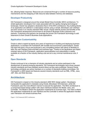 Oracle Application Framework Developer's Guide


tier, allowing faster response. Resources are conserved through a number of resource pooling
mechanisms and the swapping of idle resource data between memory and database.

Developer Productivity

OA Framework is designed around the simple Model-View-Controller (MVC) architecture. To
shield application developers from costs associated with the rapidly changing technological
landscape, Oracle has adopted a declarative flavor of the MVC architecture. Key building blocks
of an application are defined in a descriptive manner using a simple JDeveloper user interface
and then saved in an industry standard XML format. Oracle extends access and benefits of the
OA Framework development environment to all Oracle E-Business Suite customers and
partners. Customers and partners can leverage the proven OA Framework technology to add
extensions to their Oracle E-Business Suite applications.

Application Customizability

Oracle is able to exploit its twenty plus years of experience in building and deploying business
applications, to architect OA Framework with durable and economical customizations. Oracle
has kept that goal in focus and produced a very compelling solution with plenty of flexibility to
tailor the user interface (look-and-feel) and business logic. Thanks to the declarative and object
oriented nature of OA Framework, application personalization and extensibility is readily
available at a fraction of the industry startup cost and at a very minimal maintenance cost, if
any.

Open Standards

Oracle continues to be a champion of industry standards and an active participant in the
development of several emerging standards. OA Framework technologies have driven several
industry standards and have adopted several others as they were published. Several Oracle
technology architects are active members on a number of standards drafting committees. OA
Framework is J2EE based and features several industry standards such as XML, HTML, Java,
JSP, SQL and Web Services.

Architecture
OA Framework is based on the industry-standard J2EE MVC design pattern. Developers
manipulate the application's metadata using Oracle JDeveloper OA Extension, while OA
Framework uses the most efficient manner to execute the application. The MVC architecture is
a component-based design pattern with clean interfaces between the Model, View, and
Controller. The Model is where the application implements its business logic. The View is where
the application implements its user interface and the Controller is where the application handles
user interaction and directs business flow.

Figure 1: OA Framework MVC architecture.




26
 