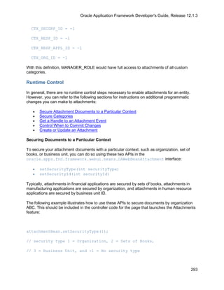 Oracle Application Framework Developer's Guide, Release 12.1.3


  CTX_SECGRP_ID = -1

  CTX_RESP_ID = -1

  CTX_RESP_APPL_ID = -1

  CTX_ORG_ID = -1

With this definition, MANAGER_ROLE would have full access to attachments of all custom
categories.

Runtime Control

In general, there are no runtime control steps necessary to enable attachments for an entity.
However, you can refer to the following sections for instructions on additional programmatic
changes you can make to attachments:

   •   Secure Attachment Documents to a Particular Context
   •   Secure Categories
   •   Get a Handle to an Attachment Event
   •   Control When to Commit Changes
   •   Create or Update an Attachment

Securing Documents to a Particular Context

To secure your attachment documents with a particular context, such as organization, set of
books, or business unit, you can do so using these two APIs in the
oracle.apps.fnd.framework.webui.beans.OAWebBeanAttachment interface:

   •   setSecurityType(int securityType)
   •   setSecurityId(int securityId)

Typically, attachments in financial applications are secured by sets of books, attachments in
manufacturing applications are secured by organization, and attachments in human resource
applications are secured by business unit ID.

The following example illustrates how to use these APIs to secure documents by organization
ABC. This should be included in the controller code for the page that launches the Attachments
feature:



attachmentBean.setSecurityType(1);

// security type 1 = Organization, 2 = Sets of Books,

// 3 = Business Unit, and -1 = No security type



                                                                                                293
 