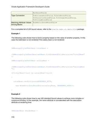 Oracle Application Framework Developer's Guide


                            NotBoundValue
Type Conversion             ToBooleanBoundValue, ToDateBoundValue,
                            ToCharacterBoundValue, ToIntegerBoundValue,
                            ToStringBoundValue
Matching Attribute Values   NodeAttributeBoundValue
Among Beans

For a complete list of UIX bound values, refer to the oracle.cabo.ui.data.bind package.

Example 1

The following code shows how to bind a property based on the value of another property. In this
case the total bean is not rendered if the salary bean is not rendered:



OAMessageStyledTextBean totalBean =


(OAMessageStyledTextBean)webBean.findIndexedChildRecursive("totalBean"
);

OAMessageStyledTextBean salaryBean =


(OAMessageStyledTextBean)webBean.findIndexedChildRecursive("salaryBean
");

if(totalBean!=null && salaryBean!=null)

{

    totalBean.setAttribute(RENDERED_ATTR,

      new NodeAttributeBoundValue(salaryBean, RENDERED_ATTR));

}

Example 2

The following code shows how to use UIX standard bound values to achieve more complex or
compound binding. In this example, the name attribute is concatenated with the description
attribute at rendering time:



OAHeaderBean headerBean =


316
 