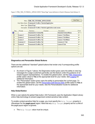Oracle Application Framework Developer's Guide, Release 12.1.3


Figure 3: FWK_TBX_TUTORIAL_APPLICATION "Home Page" menu definition in Oracle E-Business Suite Release 12.




Diagnostics and Personalize Global Buttons

There are two additional "standard" global buttons that render only if corresponding profile
options are set:

    •   As shown in Figure 1 above, the Diagnostics button gives users the ability to view log
        messages for a page (customers generally use this feature under the guidance of an
        Oracle Support representative). To enable this global button, set the FND: Diagnostics
        profile option value to Yes at the appropriate level for your needs. See Logging for
        additional information.
    •   The "Personalize" button gives users the ability to personalize the current page. To
        enable this global button, set the Personalize Self-Service Defn profile option to Yes at
        the appropriate level for your needs. See the Personalization Guide for additional
        information.

Help Global Button

When a user selects the global Help button, OA Framework uses the Application Object Library
online Help technology to present page-level context-sensitive help content.

To enable context-sensitive Help for a page, you must specify the Help Target property in
JDeveloper for the pageLayout region. Note that any Help Target property set for a child of
the pageLayout region is ignored.

    •   The Help Target value must be unique.


                                                                                                            343
 