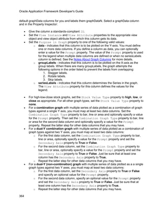 Oracle Application Framework Developer's Guide


default graphData columns for you and labels them graphDataN. Select a graphData column
and in the Property Inspector:

   •   Give the column a standards-compliant ID.
   •   Set the View Instance and View Attribute properties to the appropriate view
       object and view object attribute from which this column gets its data.
   •   Set the Purpose in Graph property to one of the following valid values:
           o data - indicates that this column is to be plotted on the Y-axis. You must define
               one or more data columns. If you define a column as data, you can optionally
               enter a value for the Prompt property. The value of the Prompt property is used
               for the legend when multiple data columns are defined or when no seriesLabels
               column is defined. See the Notes About Graph Columns for more details.
           o groupLabels - indicates that this column is to be plotted on the X-axis as the
               group labels. When there are many groupLabels, the graph attempts the
               following options in the order listed to prevent the labels from overlapping:
                    1. Stagger labels.
                    2. Rotate labels.
                    3. Skip labels.
           o seriesLabels - indicates that this column determines the Series in the graph.
               The View Attribute property for this column defines the values for the
               legend.

   •   For high-low-close stock graphs, set the Stock Value Type property to high, low, or
       close as appropriate. For all other graph types, set the Stock Value Type property to
       none.
   •   For a combination graph with multiple series of data plotted as a combination of graph
       types against a single Y axis, you must map at least two data columns. Set the
       Combination Graph Type property to bar, line or area and optionally specify a value
       for the Prompt property. Then set the Combination Graph Type property to bar, line
       or area for the second data column and optionally specify a value for the Prompt
       property. Repeat the latter step for other data columns that you may have.
   •   For a dual-Y combination graph with multiple series of data plotted as a combination of
       graph types against two Y axes, you must map at least two data columns:
            o For the first data column, set the Combination Graph Type property to bar,
               line or area, optionally specify a value for the Prompt property and set the
               Secondary Axis property to True or False.
            o For the second data column, set the Combination Graph Type property to
               bar, line or area, optionally specify a value for the Prompt property and set the
               Secondary Axis property to True or False. Just be sure that at least one
               column has the Secondary Axis property to True.
            o Repeat the latter step for other data columns that you may have.
   •   For a dual-Y (non-combination) graph with multiple series of data plotted as a a single
       graph types against two Y axes, you must map at least two data columns:
            o For the first data column, set the Secondary Axis property to True or False
               and specify an optional value for the Prompt property.
            o For the second data column, specify an optional value for the Prompt property
               and set the Secondary Axis property to True or False. Just be sure that at
               least one column has the Secondary Axis property to True.
            o Repeat the latter step for other data columns that you may have.

364
 