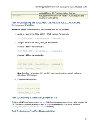Oracle Application Framework Developer's Guide, Release 12.1.3


                                   executable and OA Framework class libraries.
jdevhome                          Includes the OA Framework ToolBox Tutorial source and
                                   developer working area.

Task 1: Configuring the JDEV_USER_HOME and JDEV_JAVA_HOME
Environment Variables

Attention: These commands must be executed from the bourne shell.

   1. Assign a value to the JDEV_USER_HOME variable. For example:

       JDEV_USER_HOME=/home/<username>/jdevhome/jdev

   2. Assign a value to the JDEV_JAVA_HOME variable.

       Example - OS Red Hat version 2.1:

       JDEV_JAVA_HOME=/jdevbin/linux/j2sdk1.4.2_03

       Example - OS Red Hat version 3.0:




       JDEV_JAVA_HOME=/jdevbin/linux/j2sdk1.4.2_04

       unset LD_ASSUME_KERNEL

       Note: Both Red Hat versions, (2.1 and 3.0); have been tested successfully by Oracle
       JDeveloper OA Extension.

   3. Export the two variables:




       export JDEV_USER_HOME

       export JDEV_JAVA_HOME

Task 2: Obtaining a Database Connection File

Obtain the FND database connection (.dbc) file from the system administrator who installed the
OA Framework database where you want to do your development. Place this file in the
<JDEV_USER_HOME>dbc_filessecure directory.

Task 3: Assigning ToolBox Responsibilities


                                                                                             37
 