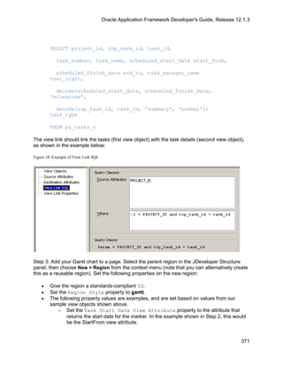 Oracle Application Framework Developer's Guide, Release 12.1.3




        SELECT project_id, top_task_id, task_id,

            task_number, task_name, scheduled_start_date start_from,

          scheduled_finish_date end_to, task_manager_name
        text_right,

          decode(scheduled_start_date, scheduled_finish_date,
        'milestone',

          decode(top_task_id, task_id, 'summary', 'normal'))
        task_type

        FROM pa_tasks_v

The view link should link the tasks (first view object) with the task details (second view object),
as shown in the example below:

Figure 10: Example of View Link SQL




Step 3: Add your Gantt chart to a page. Select the parent region in the JDeveloper Structure
panel, then choose New > Region from the context menu (note that you can alternatively create
this as a reusable region). Set the following properties on the new region:

    •   Give the region a standards-compliant ID.
    •   Set the Region Style property to gantt.
    •   The following property values are examples, and are set based on values from our
        sample view objects shown above.
           o Set the Task Start Date View Attribute property to the attribute that
                returns the start date for the marker. In the example shown in Step 2, this would
                be the StartFrom view attribute.


                                                                                                 371
 