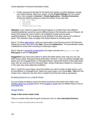 Oracle Application Framework Developer's Guide


    •    Finally, because the test data for the Gantt chart resides in another database, change
         your project settings. Select your project, choose Project Settings from the context
         menu, then navigate to Common > Oracle Applications > Runtime Connection.
         Change the following settings to reflect the location of your test data:
            o DBC File Name
            o Username
            o Password
            o Responsibility Key

Attention: If you intend to support the Export feature on a Gantt chart, then different
viewAttributeNames cannot be used at different levels in the hierarchy column (Project). All
levels of the hierarchy column (that is, all nodeDefs) should have the same
viewAttributeName. This is analogous to the definition of all other columns of a HGrid or
Gantt. This restriction does not apply if the Export feature is not being used.

Step 5: To define table actions, select your gantt region in the Structure pane of OA Extension.
Display the context menu and under New, choose the tableActions. This automatically creates
a tableActions named child consisting of a flowLayout region.

Step 6: Specify a standards-compliant ID for the region and leave the Region Style as
flowLayout or set it to rowLayout.

Suggestion If you have only buttons to add to the table actions area, then you can use
either layout styles, flowLayout being preferrable. However, if you are adding message web
beans such as messageChoice or messageTextInput, along with buttons to the table action
area, then you should use the rowLayout style. Using a flowLayout instead of a rowLayout
in this case may cause alignment problems.

Step 7: Under the Layout region, layout the children you want to render as table actions, such
as submitButton or messageChoice. Select the Layout region, and choose New > Item from the
context menu. Select the new Item that is created and set the item style as appropriate.

Enabling Search on a Gantt Chart

You can enable the ability to search the HGrid component of the Gantt chart. Refer to the
Enabling Search on an HGrid section of the Chapter 4: HGrid topic for detailed steps on how to
accomplish this.

Usage Notes

Usage in Non-screen reader mode

There is a named child under the gantt component, and it is called descriptionColumns.

Figure 11: Example of descriptionColumns named child




374
 