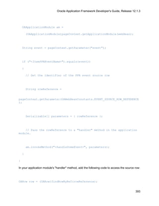 Oracle Application Framework Developer's Guide, Release 12.1.3




    OAApplicationModule am =

        (OAApplicationModule)pageContext.getApplicationModule(webBean);



    String event = pageContext.getParameter("event");



    if ("<ItemPPREventName>").equals(event))

    {

        // Get the identifier of the PPR event source row



        String rowReference =


pageContext.getParameter(OAWebBeanConstants.EVENT_SOURCE_ROW_REFERENCE
);



        Serializable[] parameters = { rowReference };



    // Pass the rowReference to a "handler" method in the application
module.



        am.invokeMethod("<handleSomeEvent>", parameters);

    }

}

In your application module's "handler" method, add the following code to access the source row:



OARow row = (OARow)findRowByRef(rowReference);


                                                                                           393
 