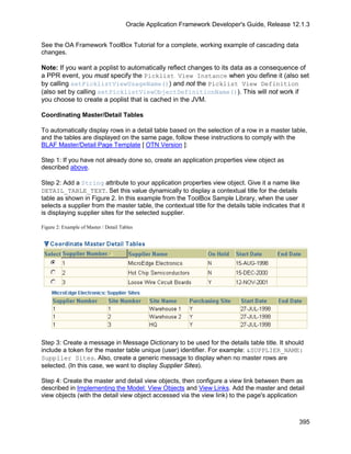 Oracle Application Framework Developer's Guide, Release 12.1.3


See the OA Framework ToolBox Tutorial for a complete, working example of cascading data
changes.

Note: If you want a poplist to automatically reflect changes to its data as a consequence of
a PPR event, you must specify the Picklist View Instance when you define it (also set
by calling setPicklistViewUsageName()) and not the Picklist View Definition
(also set by calling setPicklistViewObjectDefinitionName()). This will not work if
you choose to create a poplist that is cached in the JVM.

Coordinating Master/Detail Tables

To automatically display rows in a detail table based on the selection of a row in a master table,
and the tables are displayed on the same page, follow these instructions to comply with the
BLAF Master/Detail Page Template [ OTN Version ]:

Step 1: If you have not already done so, create an application properties view object as
described above.

Step 2: Add a String attribute to your application properties view object. Give it a name like
DETAIL_TABLE_TEXT. Set this value dynamically to display a contextual title for the details
table as shown in Figure 2. In this example from the ToolBox Sample Library, when the user
selects a supplier from the master table, the contextual title for the details table indicates that it
is displaying supplier sites for the selected supplier.

Figure 2: Example of Master / Detail Tables




Step 3: Create a message in Message Dictionary to be used for the details table title. It should
include a token for the master table unique (user) identifier. For example: &SUPPLIER_NAME:
Supplier Sites. Also, create a generic message to display when no master rows are
selected. (In this case, we want to display Supplier Sites).

Step 4: Create the master and detail view objects, then configure a view link between them as
described in Implementing the Model: View Objects and View Links. Add the master and detail
view objects (with the detail view object accessed via the view link) to the page's application



                                                                                                   395
 