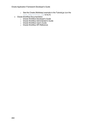 Oracle Application Framework Developer's Guide


          o   See the Create (Multistep) example in the Tutorial.jpr (run the
              test_fwktutorial.jsp to try it)
   •   Oracle Workflow Documentation
          o Oracle Workflow Developer's Guide
          o Oracle Workflow Administrator's Guide
          o Oracle Workflow User's Guide
          o Oracle Workflow API Reference




464
 