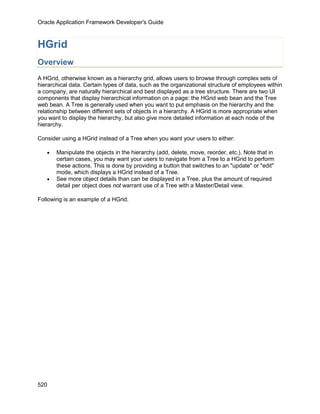 Oracle Application Framework Developer's Guide



HGrid
Overview
A HGrid, otherwise known as a hierarchy grid, allows users to browse through complex sets of
hierarchical data. Certain types of data, such as the organizational structure of employees within
a company, are naturally hierarchical and best displayed as a tree structure. There are two UI
components that display hierarchical information on a page: the HGrid web bean and the Tree
web bean. A Tree is generally used when you want to put emphasis on the hierarchy and the
relationship between different sets of objects in a hierarchy. A HGrid is more appropriate when
you want to display the hierarchy, but also give more detailed information at each node of the
hierarchy.

Consider using a HGrid instead of a Tree when you want your users to either:

   •   Manipulate the objects in the hierarchy (add, delete, move, reorder, etc.). Note that in
       certain cases, you may want your users to navigate from a Tree to a HGrid to perform
       these actions. This is done by providing a button that switches to an "update" or "edit"
       mode, which displays a HGrid instead of a Tree.
   •   See more object details than can be displayed in a Tree, plus the amount of required
       detail per object does not warrant use of a Tree with a Master/Detail view.

Following is an example of a HGrid.




520
 