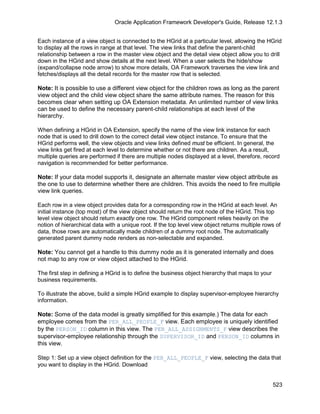 Oracle Application Framework Developer's Guide, Release 12.1.3


Each instance of a view object is connected to the HGrid at a particular level, allowing the HGrid
to display all the rows in range at that level. The view links that define the parent-child
relationship between a row in the master view object and the detail view object allow you to drill
down in the HGrid and show details at the next level. When a user selects the hide/show
(expand/collapse node arrow) to show more details, OA Framework traverses the view link and
fetches/displays all the detail records for the master row that is selected.

Note: It is possible to use a different view object for the children rows as long as the parent
view object and the child view object share the same attribute names. The reason for this
becomes clear when setting up OA Extension metadata. An unlimited number of view links
can be used to define the necessary parent-child relationships at each level of the
hierarchy.

When defining a HGrid in OA Extension, specify the name of the view link instance for each
node that is used to drill down to the correct detail view object instance. To ensure that the
HGrid performs well, the view objects and view links defined must be efficient. In general, the
view links get fired at each level to determine whether or not there are children. As a result,
multiple queries are performed if there are multiple nodes displayed at a level, therefore, record
navigation is recommended for better performance.

Note: If your data model supports it, designate an alternate master view object attribute as
the one to use to determine whether there are children. This avoids the need to fire multiple
view link queries.

Each row in a view object provides data for a corresponding row in the HGrid at each level. An
initial instance (top most) of the view object should return the root node of the HGrid. This top
level view object should return exactly one row. The HGrid component relies heavily on the
notion of hierarchical data with a unique root. If the top level view object returns multiple rows of
data, those rows are automatically made children of a dummy root node. The automatically
generated parent dummy node renders as non-selectable and expanded.

Note: You cannot get a handle to this dummy node as it is generated internally and does
not map to any row or view object attached to the HGrid.

The first step in defining a HGrid is to define the business object hierarchy that maps to your
business requirements.

To illustrate the above, build a simple HGrid example to display supervisor-employee hierarchy
information.

Note: Some of the data model is greatly simplified for this example.) The data for each
employee comes from the PER_ALL_PEOPLE_F view. Each employee is uniquely identified
by the PERSON_ID column in this view. The PER_ALL_ASSIGNMENTS_F view describes the
supervisor-employee relationship through the SUPERVISOR_ID and PERSON_ID columns in
this view.

Step 1: Set up a view object definition for the PER_ALL_PEOPLE_F view, selecting the data that
you want to display in the HGrid. Download


                                                                                                  523
 