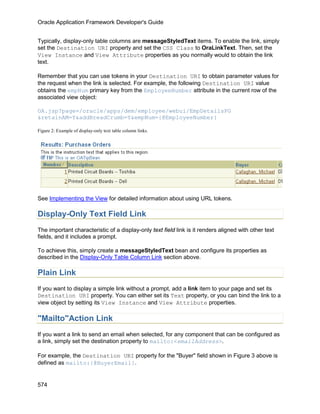 Oracle Application Framework Developer's Guide


Typically, display-only table columns are messageStyledText items. To enable the link, simply
set the Destination URI property and set the CSS Class to OraLinkText. Then, set the
View Instance and View Attribute properties as you normally would to obtain the link
text.

Remember that you can use tokens in your Destination URI to obtain parameter values for
the request when the link is selected. For example, the following Destination URI value
obtains the empNum primary key from the EmployeeNumber attribute in the current row of the
associated view object:

OA.jsp?page=/oracle/apps/dem/employee/webui/EmpDetailsPG
&retainAM=Y&addBreadCrumb=Y&empNum={@EmployeeNumber}

Figure 2: Example of display-only text table column links.




See Implementing the View for detailed information about using URL tokens.

Display-Only Text Field Link
The important characteristic of a display-only text field link is it renders aligned with other text
fields, and it includes a prompt.

To achieve this, simply create a messageStyledText bean and configure its properties as
described in the Display-Only Table Column Link section above.

Plain Link
If you want to display a simple link without a prompt, add a link item to your page and set its
Destination URI property. You can either set its Text property, or you can bind the link to a
view object by setting its View Instance and View Attribute properties.

"Mailto"Action Link
If you want a link to send an email when selected, for any component that can be configured as
a link, simply set the destination property to mailto:<emailAddress>.

For example, the Destination URI property for the "Buyer" field shown in Figure 3 above is
defined as mailto:{@BuyerEmail}.


574
 