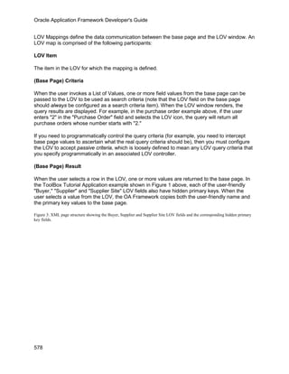 Oracle Application Framework Developer's Guide


LOV Mappings define the data communication between the base page and the LOV window. An
LOV map is comprised of the following participants:

LOV Item

The item in the LOV for which the mapping is defined.

(Base Page) Criteria

When the user invokes a List of Values, one or more field values from the base page can be
passed to the LOV to be used as search criteria (note that the LOV field on the base page
should always be configured as a search criteria item). When the LOV window renders, the
query results are displayed. For example, in the purchase order example above, if the user
enters "2" in the "Purchase Order" field and selects the LOV icon, the query will return all
purchase orders whose number starts with "2."

If you need to programmatically control the query criteria (for example, you need to intercept
base page values to ascertain what the real query criteria should be), then you must configure
the LOV to accept passive criteria, which is loosely defined to mean any LOV query criteria that
you specify programmatically in an associated LOV controller.

(Base Page) Result

When the user selects a row in the LOV, one or more values are returned to the base page. In
the ToolBox Tutorial Application example shown in Figure 1 above, each of the user-friendly
"Buyer," "Supplier" and "Supplier Site" LOV fields also have hidden primary keys. When the
user selects a value from the LOV, the OA Framework copies both the user-friendly name and
the primary key values to the base page.

Figure 3: XML page structure showing the Buyer, Supplier and Supplier Site LOV fields and the corresponding hidden primary
key fields.




578
 