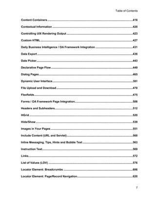 Table of Contents


Content Containers ...........................................................................................................416

Contextual Information .....................................................................................................420

Controlling UIX Rendering Output ...................................................................................423

Custom HTML ....................................................................................................................427

Daily Business Intelligence / OA Framework Integration ...............................................431

Data Export ........................................................................................................................436

Date Picker .........................................................................................................................443

Declarative Page Flow .......................................................................................................449

Dialog Pages ......................................................................................................................465

Dynamic User Interface .....................................................................................................381

File Upload and Download ................................................................................................470

Flexfields ............................................................................................................................475

Forms / OA Framework Page Integration.........................................................................508

Headers and Subheaders ..................................................................................................512

HGrid ..................................................................................................................................520

Hide/Show ..........................................................................................................................539

Images in Your Pages .......................................................................................................551

Include Content (URL and Servlet) ...................................................................................560

Inline Messaging, Tips, Hints and Bubble Text ...............................................................563

Instruction Text..................................................................................................................569

Links ...................................................................................................................................572

List of Values (LOV) ..........................................................................................................576

Locator Element: Breadcrumbs .......................................................................................606

Locator Element: Page/Record Navigation......................................................................620



                                                                                                                                          7
 