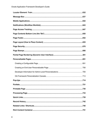 Oracle Application Framework Developer's Guide


    Locator Element: Train......................................................................................................632

    Message Box .....................................................................................................................637

    Mobile Applications...........................................................................................................642

    Notifications (Workflow Worklist).....................................................................................643

    Page Access Tracking.......................................................................................................647

    Page Contents Bottom Line (the 'Ski') .............................................................................650

    Page Footer........................................................................................................................652

    Page Layout (How to Place Content) ...............................................................................655

    Page Security .....................................................................................................................676

    Page Stamps ......................................................................................................................686

    Partial Page Rendering (Dynamic User Interface) ...........................................................381

    Personalizable Pages ........................................................................................................691

       Creating a Configurable Page ......................................................................................... 691

       Creating an End-User Personalizable Page .................................................................... 708

       Developer Information for Admin-Level Personalizations ................................................ 709

       OA Framework Personalization Caveats......................................................................... 713

    Pop-Ups .............................................................................................................................714

    Portlets ...............................................................................................................................721

    Printable Page ...................................................................................................................730

    Processing Page................................................................................................................733

    Quick Links ........................................................................................................................739

    Record History ...................................................................................................................742

    Related Links / Shortcuts..................................................................................................748

    Rich Content Container.....................................................................................................751



8
 
