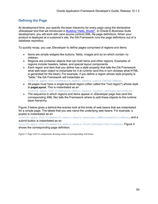 Oracle Application Framework Developer's Guide, Release 12.1.3


Defining the Page

At development time, you specify the bean hierarchy for every page using the declarative
JDeveloper tool that we introduced in Building "Hello, World!". In Oracle E-Business Suite
development, you will work with (and source control) XML file page definitions. When your
product is deployed at a customer's site, the OA Framework runs the page definitions out of a
database repository.

To quickly recap, you use JDeveloper to define pages comprised of regions and items.

    •    Items are simple widgets like buttons, fields, images and so on which contain no
         children.
    •    Regions are container objects that can hold items and other regions. Examples of
         regions include headers, tables, and special layout components.
    •    Each region and item that you define has a style property that tells the OA Framework
         what web bean object to instantiate for it at runtime (and this in turn dictates what HTML
         is generated for the bean). For example, if you define a region whose style property is
         "table," the OA Framework will instantiate an
         oracle.apps.fnd.framework.webui.beans.table.OATableBean.
    •    All pages must have a single top-level region (often called the "root region") whose style
         is pageLayout. This is instantiated as an
         oracle.apps.fnd.framework.webui.beans.layout.OAPageLayoutBean.
    •    The sequence in which regions and items appear in JDeveloper page tree (and the
         corresponding XML file) tells the Framework where to add these objects to the runtime
         bean hierarchy.

Figure 3 below gives a behind-the-scenes look at the kinds of web beans that are instantiated
for a simple page. The labels that you see name the underlying web beans. For example, a
poplist is instantiated as an
oracle.apps.fnd.framework.webui.beans.message.OAMessageChoiceBean, and a
submit button is instantiated as an
oracle.apps.fnd.framework.webui.beans.form.OASubmitButtonBean. Figure 4
shows the corresponding page definition.

Figure 3: Page with UI components showing names of corresponding web beans




                                                                                                 93
 
