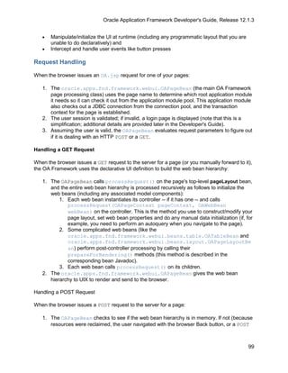Oracle Application Framework Developer's Guide, Release 12.1.3


   •   Manipulate/initialize the UI at runtime (including any programmatic layout that you are
       unable to do declaratively) and
   •   Intercept and handle user events like button presses

Request Handling

When the browser issues an OA.jsp request for one of your pages:

   1. The oracle.apps.fnd.framework.webui.OAPageBean (the main OA Framework
      page processing class) uses the page name to determine which root application module
      it needs so it can check it out from the application module pool. This application module
      also checks out a JDBC connection from the connection pool, and the transaction
      context for the page is established.
   2. The user session is validated; if invalid, a login page is displayed (note that this is a
      simplification; additional details are provided later in the Developer's Guide).
   3. Assuming the user is valid, the OAPageBean evaluates request parameters to figure out
      if it is dealing with an HTTP POST or a GET.

Handling a GET Request

When the browser issues a GET request to the server for a page (or you manually forward to it),
the OA Framework uses the declarative UI definition to build the web bean hierarchy:

   1. The OAPageBean calls processRequest() on the page's top-level pageLayout bean,
      and the entire web bean hierarchy is processed recursively as follows to initialize the
      web beans (including any associated model components):
          1. Each web bean instantiates its controller -- if it has one -- and calls
             processRequest(OAPageContext pageContext, OAWebBean
             webBean) on the controller. This is the method you use to construct/modify your
             page layout, set web bean properties and do any manual data initialization (if, for
             example, you need to perform an autoquery when you navigate to the page).
          2. Some complicated web beans (like the
             oracle.apps.fnd.framework.webui.beans.table.OATableBean and
             oracle.apps.fnd.framework.webui.beans.layout.OAPageLayoutBe
             an) perform post-controller processing by calling their
             prepareForRendering() methods (this method is described in the
             corresponding bean Javadoc).
          3. Each web bean calls processRequest() on its children.
   2. The oracle.apps.fnd.framework.webui.OAPageBean gives the web bean
      hierarchy to UIX to render and send to the browser.

Handling a POST Request

When the browser issues a POST request to the server for a page:

   1. The OAPageBean checks to see if the web bean hierarchy is in memory. If not (because
      resources were reclaimed, the user navigated with the browser Back button, or a POST



                                                                                                 99
 