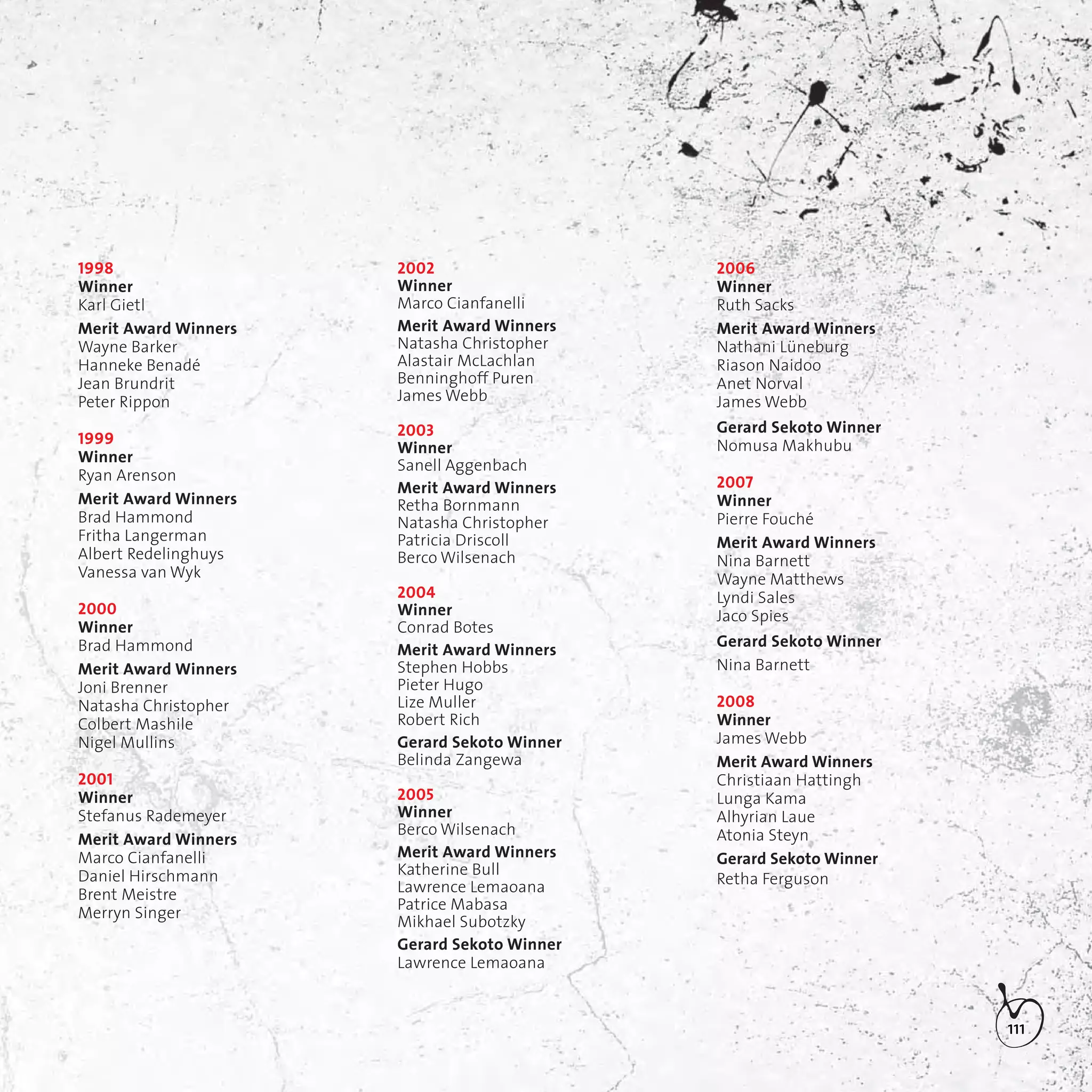 111
1998
Winner
Karl Gietl
Merit Award Winners
Wayne Barker
Hanneke Benadé
Jean Brundrit
Peter Rippon
1999
Winner
Ryan Arenson
Merit Award Winners
Brad Hammond
Fritha Langerman
Albert Redelinghuys
Vanessa van Wyk
2000
Winner
Brad Hammond
Merit Award Winners
Joni Brenner
Natasha Christopher
Colbert Mashile
Nigel Mullins
2001
Winner
Stefanus Rademeyer
Merit Award Winners
Marco Cianfanelli
Daniel Hirschmann
Brent Meistre
Merryn Singer
2002
Winner
Marco Cianfanelli
Merit Award Winners
Natasha Christopher
Alastair McLachlan
Benninghoff Puren
James Webb
2003
Winner
Sanell Aggenbach
Merit Award Winners
Retha Bornmann
Natasha Christopher
Patricia Driscoll
Berco Wilsenach
2004
Winner
Conrad Botes
Merit Award Winners
Stephen Hobbs
Pieter Hugo
Lize Muller
Robert Rich
Gerard Sekoto Winner
Belinda Zangewa
2005
Winner
Berco Wilsenach
Merit Award Winners
Katherine Bull
Lawrence Lemaoana
Patrice Mabasa
Mikhael Subotzky
Gerard Sekoto Winner
Lawrence Lemaoana
2006
Winner
Ruth Sacks
Merit Award Winners
Nathani Lüneburg
Riason Naidoo
Anet Norval
James Webb
Gerard Sekoto Winner
Nomusa Makhubu
2007
Winner
Pierre Fouché
Merit Award Winners
Nina Barnett
Wayne Matthews
Lyndi Sales
Jaco Spies
Gerard Sekoto Winner
Nina Barnett
2008
Winner
James Webb
Merit Award Winners
Christiaan Hattingh
Lunga Kama
Alhyrian Laue
Atonia Steyn
Gerard Sekoto Winner
Retha Ferguson
 