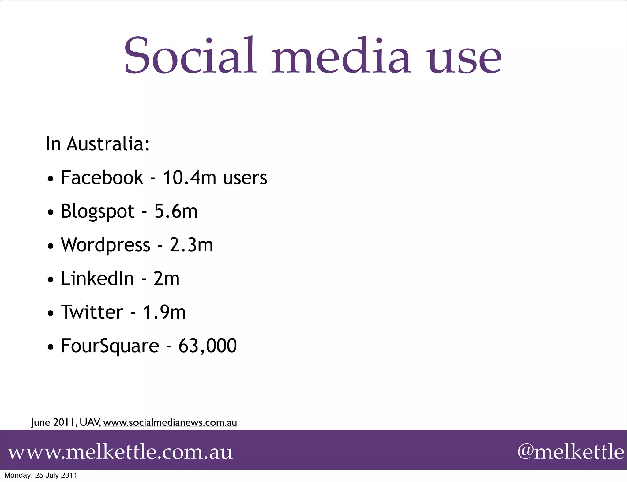 Social media use
           In Australia:
           • Facebook - 10.4m users
           • Blogspot - 5.6m
           • Wordpress - 2.3m
           • LinkedIn - 2m
           • Twitter - 1.9m
           • FourSquare - 63,000


       June 2011, UAV, www.socialmedianews.com.au


www.melkettle.com.au                                @melkettle
Monday, 25 July 2011
 