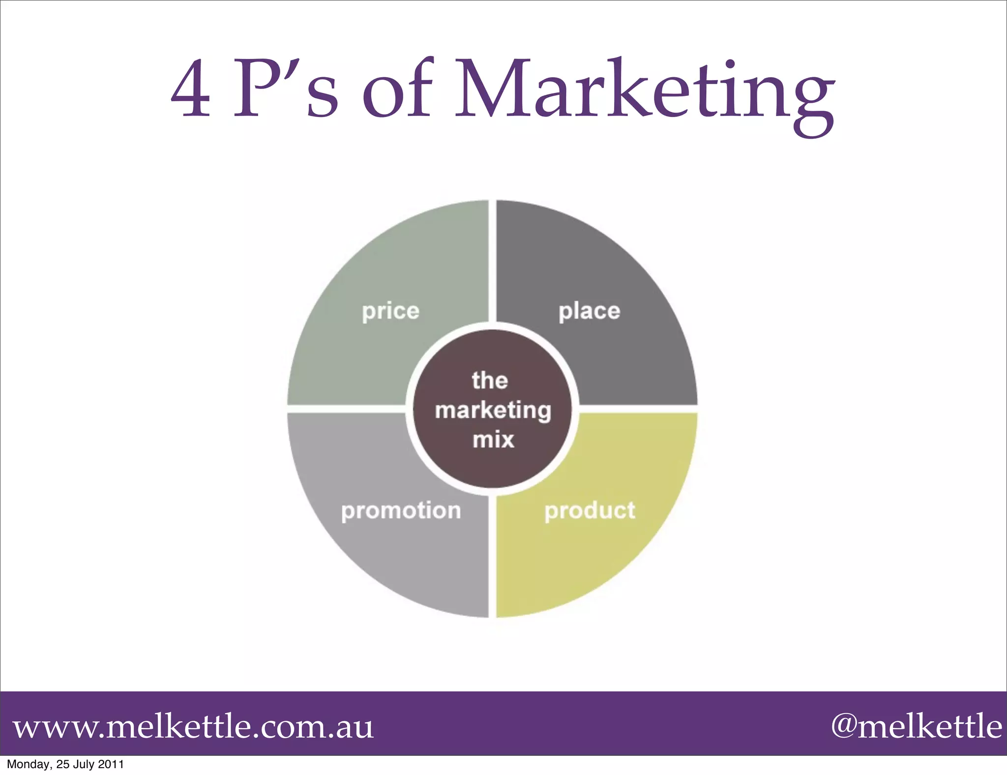 4 P’s of Marketing




www.melkettle.com.au                    @melkettle
Monday, 25 July 2011
 