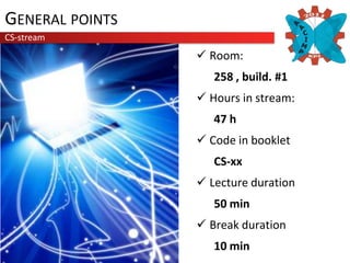 General pointsAACIMPCS-streamRoom: 258 , build. #1Hours in stream:47 hCode in bookletCS-xxLecture duration50 minBreak duration10 min