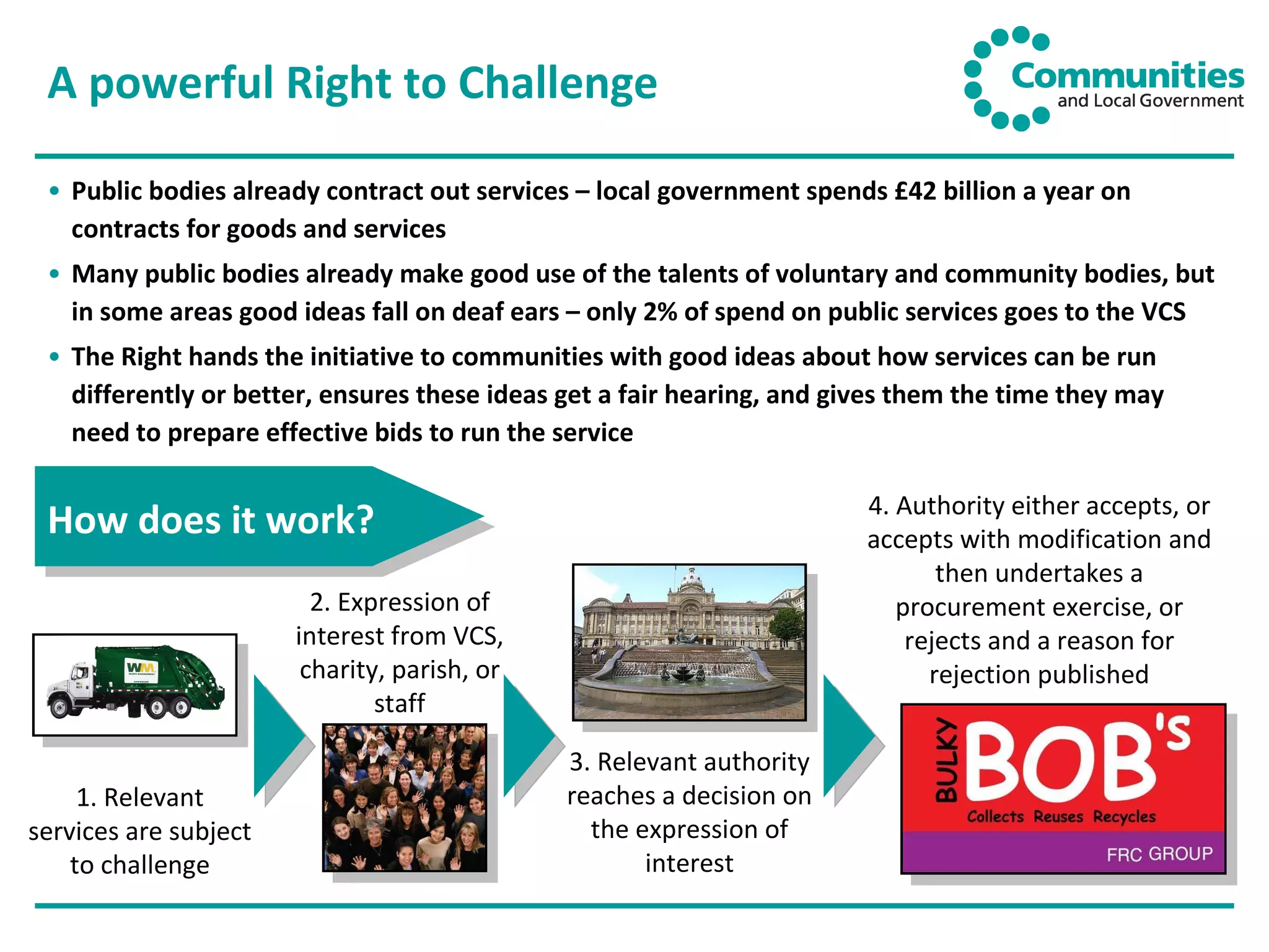 A powerful Right to Challenge Public bodies already contract out services – local government spends £42 billion a year on contracts for goods and services Many public bodies already make good use of the talents of voluntary and community bodies, but in some areas good ideas fall on deaf ears – only 2% of spend on public services goes to the VCS The Right hands the initiative to communities with good ideas about how services can be run differently or better, ensures these ideas get a fair hearing, and gives them the time they may need to prepare effective bids to run the service How does it work? 1. Relevant services are subject to challenge 2. Expression of interest from VCS, charity, parish, or staff 3. Relevant authority reaches a decision on the expression of interest 4. Authority either accepts, or accepts with modification and then undertakes a procurement exercise, or rejects and a reason for rejection published 