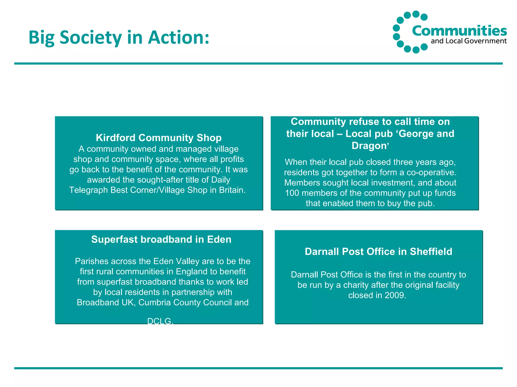 Big Society in Action: Darnall Post Office in Sheffield Darnall Post Office is the first in the country to be run by a charity after the original facility closed in 2009.  Kirdford Community Shop A community owned and managed village shop and community space, where all profits go back to the benefit of the community. It was awarded the sought-after title of Daily Telegraph Best Corner/Village Shop in Britain.  Superfast broadband in Eden  Parishes across the Eden Valley are to be the first rural communities in England to benefit from superfast broadband thanks to work led by local residents in partnership with Broadband UK, Cumbria County Council and DCLG.   Community refuse to call time on their local – Local pub ‘George and Dragon ’ When their local pub closed three years ago, residents got together to form a co-operative. Members sought local investment, and about 100 members of the community put up funds that enabled them to buy the pub. 