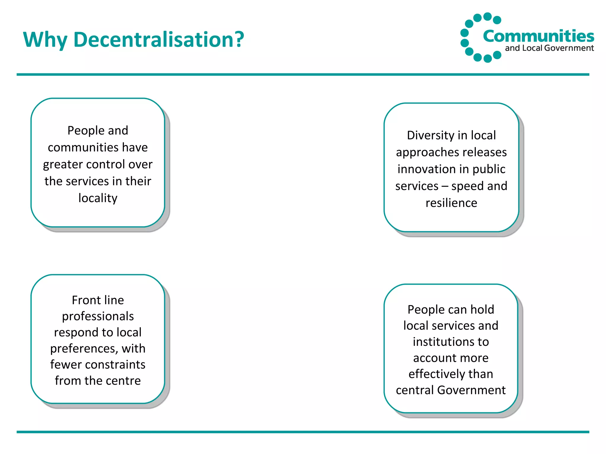 Why Decentralisation? People and communities have greater control over the services in their locality Diversity in local approaches releases innovation in public services – speed and resilience People can hold local services and institutions to account more effectively than central Government Front line professionals respond to local preferences, with fewer constraints from the centre 