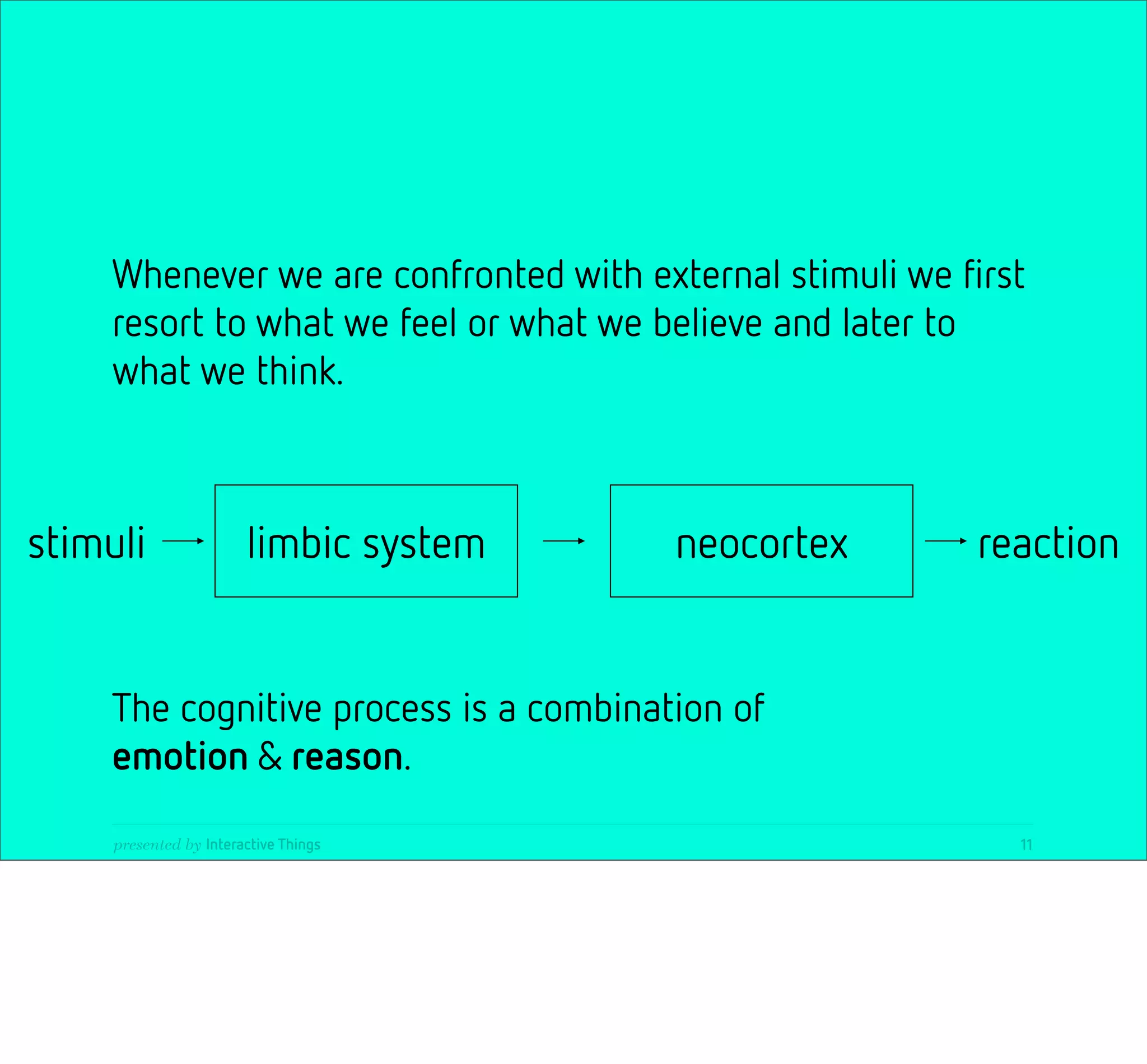 Whenever we are confronted with external stimuli we ﬁrst
    resort to what we feel or what we believe and later to
    what we think.



stimuli                 limbic system   neocortex        reaction


    The cognitive process is a combination of
    emotion & reason.
     presented by Interactive Things                       11
 