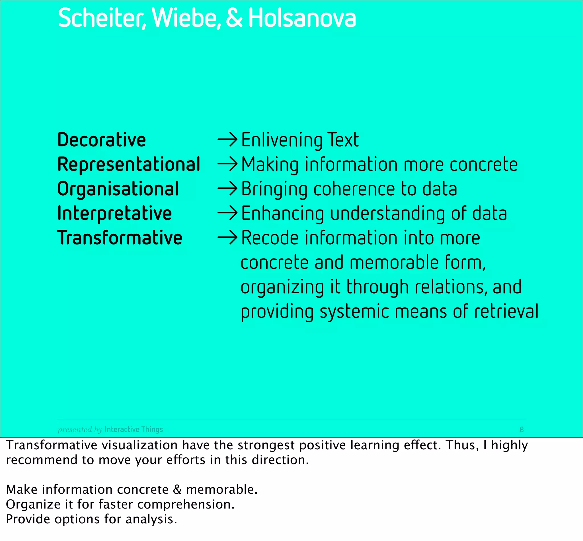 Scheiter, Wiebe, & Holsanova



        Decorative 
 
 
                  →Enlivening Text
        Representational
                 →Making information more concrete
        Organisational
 
                 →Bringing coherence to data
        Interpretative
 
                 →Enhancing understanding of data
        Transformative

                  →Recode information into more
                                           concrete and memorable form,
                                           organizing it through relations, and
                                           providing systemic means of retrieval




        presented by Interactive Things                                               8

Transformative visualization have the strongest positive learning effect. Thus, I highly
recommend to move your efforts in this direction.

Make information concrete & memorable.
Organize it for faster comprehension.
Provide options for analysis.
 