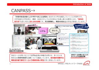Introduction of WAN



     CANPASS→
      「次世代を生き抜く上で今すべきことは何か」自分たちで考え創造していくことが目的です。
      大学を超えた学生同士、講師、WANスタッフとの交流などを通し様々な意見にふれ、“自分の
      在り方“を深く考えるきっかけの場です。月2回開催し、毎回40名以上の学生が参加しています。




                      リアル    ネット




ワールドカフェで
素直な考えを意見交換

                                            SNSツールを用いることで
     SNSツールを用いることでリアルとネットをリンクさせ、多くの人を
                                            ネット上でも意見交換
     巻き込み次世代を担う人材について議論しています。自分達が活躍する
     場を自分達で創ろう！という意欲の高い学生が多く参加しています。

11                                 NPO法人 学生ネットワークWAN
 