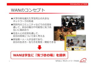 Introduction of WAN



    WANのコンセプト
    ■大学の枠を越えた学生同士の大きな
     ネットワークの形成
    ■同世代のコミュニティなどでの交流を
     通して、自分の魅力や可能性に気づき、
     互いに高め合う
    ■社会人との交流を通して、
     自分の将来について深く考える
    ■参加者一人一人が主役であり、
     自分の生き方・在り方を発見・開拓できる




    WANは学生に『気づきの場』を提供
4                      NPO法人 学生ネットワークWAN
 